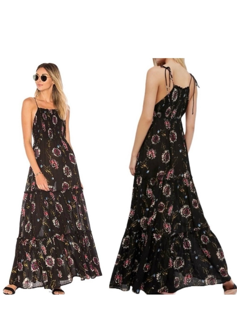 Free People Garden Party Black Floral Maxi Dress with Tie Straps